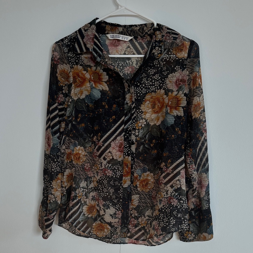 Zara Multicolor Floral and Stripe Blouse